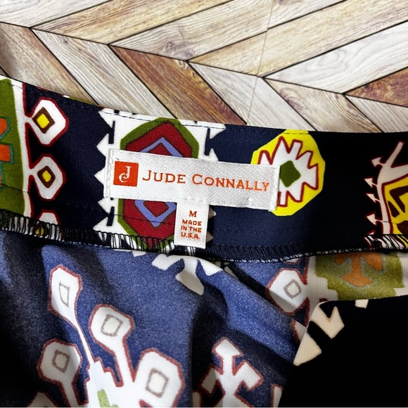 Jude Connally Navy Blue Boat Neck Shift‎ Dress V-Neck Retro Print 70's Stretch - Picture 2 of 9